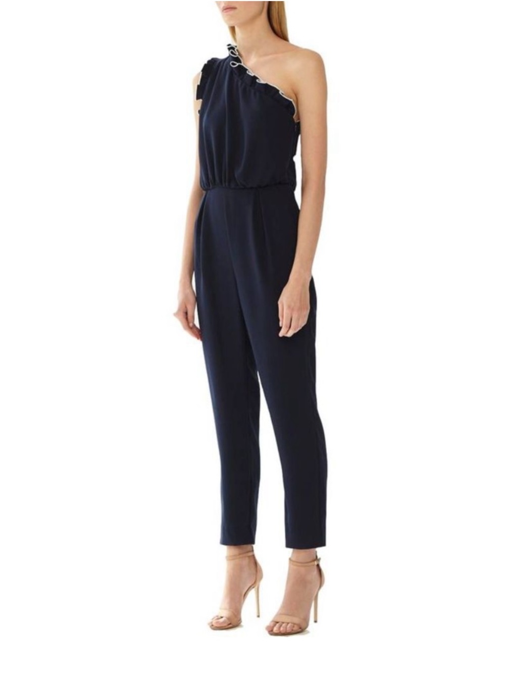 Monique Lhuillier | One Shoulder Jumpsuit Romper Ruffle Trim Navy Blue Size 2